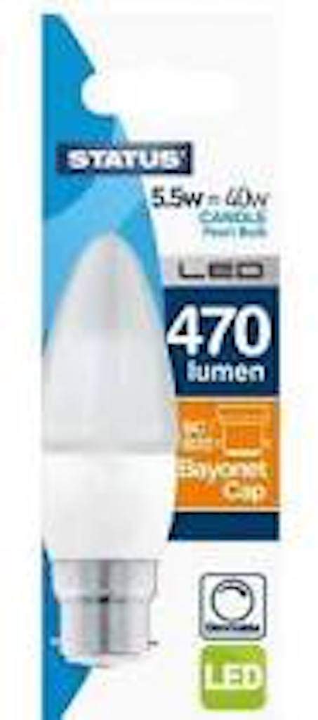 Status 7.5w = 60w = 806 lumens LED - Candle - B22 - PA - Pearl - Warm White - 1 pk Box - in White CDU
