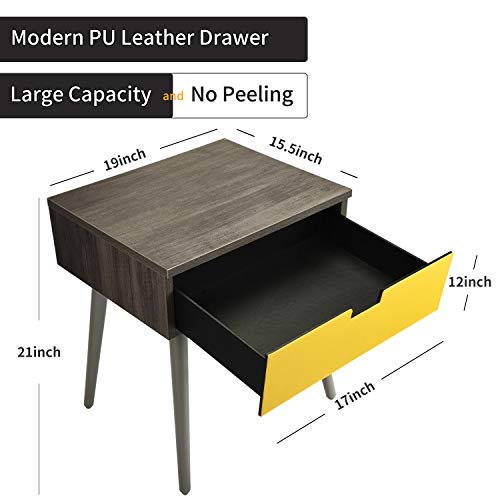 Frylr Nightstand Bedside Table with Drawer Solid Wood Legs End Table for Living Room Bedroom 18.8''x15.7''x21.5'- Grey and Yellow