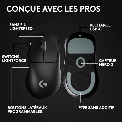 PRO X SUPERLIGHT 2 DEX, souris de gaming sans fil, 60g souris Pro-Grade pour droitier, 5 boutons programmables, recharge USB-C, 44K DPI, taux d’interrogation jusqu’à 8 kHz, PC/Mac - Noir