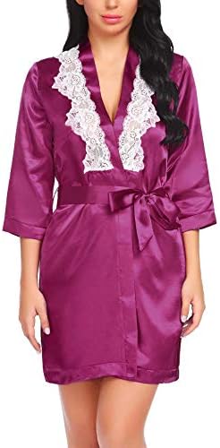 wearellaWomen Lace Kimono Satin Robe Short Bathrobe Sleepwear Lightweight Loungewear Wine Red S