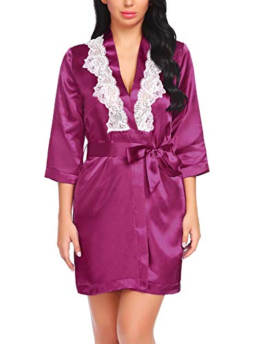 wearellaWomen Lace Kimono Satin Robe Short Bathrobe Sleepwear Lightweight Loungewear Wine Red S