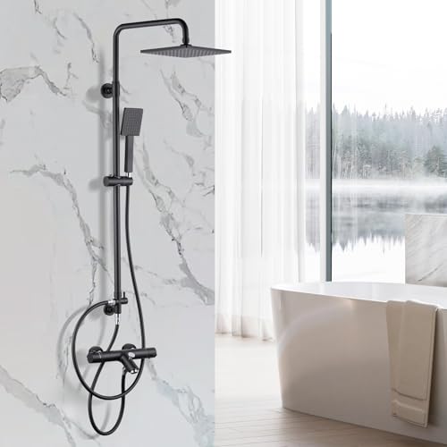 ARCORA Thermostatic Shower Column with 2 Modes Hand Shower and Large 360° Swivel Ceiling Shower Head, Telescopic Bar Adjustable in Height, G1/2 Connection, Black