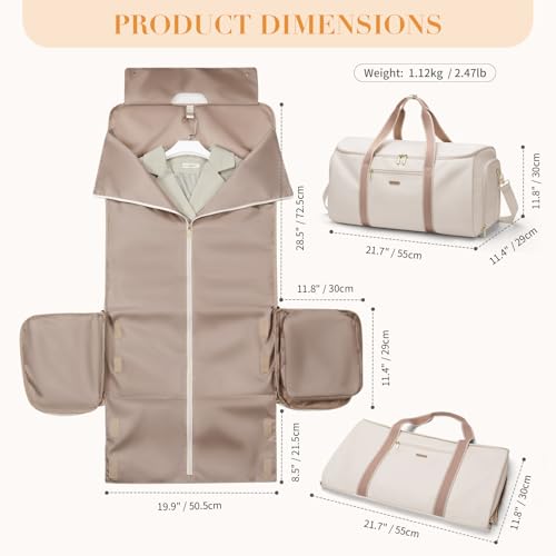 2 in 1 Convertible Travel Bag for Women Clothes Bag Foldable Sports Bag for Business Trips and Weekend Getaways (Off White)