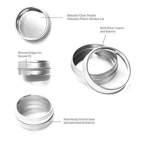 Mimi Pack 1 oz Tins 24 Pack of Shallow Window Top Round Tin Containers with Lids For Cosmetics, Party Favors and Gifts (Silver)