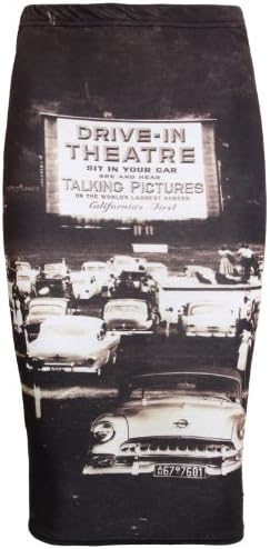 Friendz Trendz -Womens Drive In Theatre Print Bodycon Pencil Retro Midi Skirt (ML, cenima)