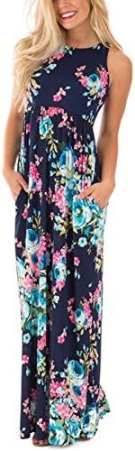 ZIKKER Women's Sleeveless Floral Racerback Loose Pockets Long Casual Dress for Summer, Spring, Autumn Blue Asian Tag Size XX-Large