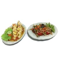 Mr_air_thai_Miniature 2 Miniature Set Food Thai Dollhouse Drink Food Vegetable Fruit Decor Furniture (Papaya Salad,Spicy Squid) F06