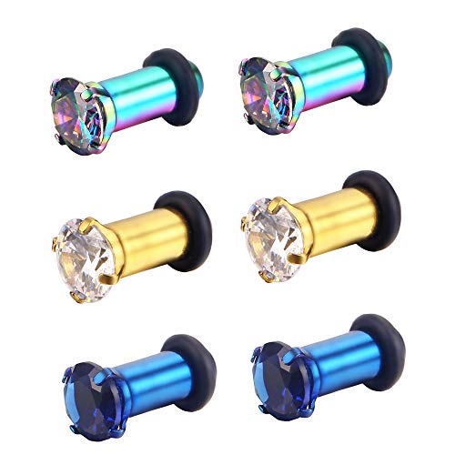 3Pairs Lightweight Ear Gauges Plugs Tunnels 6G/4mm 316L Stainless Steel Prong Setting Clear/Blue/Rainbow CZ Ear Stretcher Expander Plugs with Rubber O-Rings(C02:3Pairs(6G=4mm))