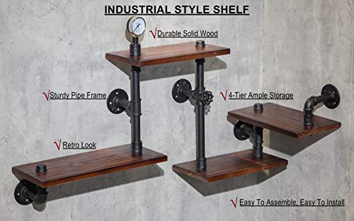 DOFURNILIM Industrial Rustic Wall Wood Pipe Ladder Floating Shelves - DIY Modern Storage Shelving Bookshelf for Bathroom Kitchen Office Home - Steampunk Wood Shelf Bookcase - 4 Tier - Thumbnail 4