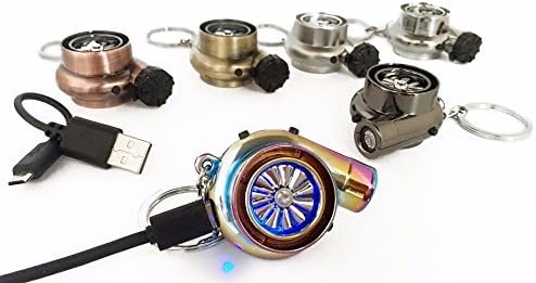 Colorful LED Turbo Keychain Lighter Turbine Rotatable Blade Key Ring Bearing Gyro Supercharger USB Charge Car Pendant Ornaments (Bright Silver)