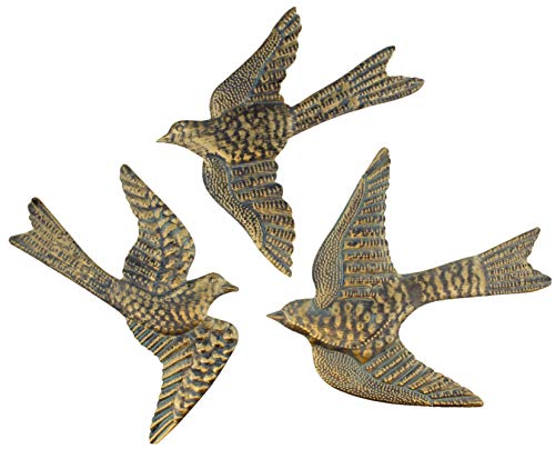 Large 14" Metal Birds Decorative Wall/Fence Plaques Brass Verdigris Garden Art Sculptures - Set of 3