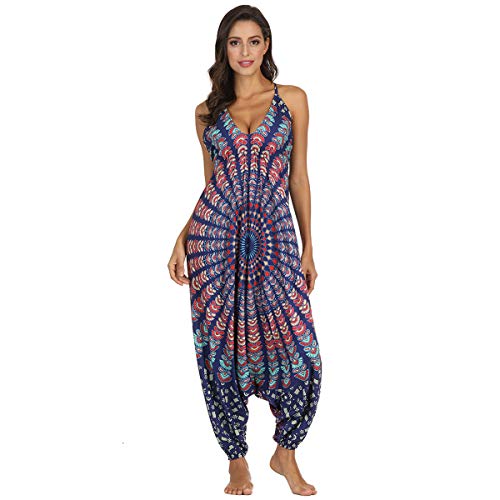Women Bohemian Halter V Neck Jumpsuits Casual Baggy Gypsy Print Drop Crotch Wide Leg Harem Pants Workout Yoga Romper (Dark Blue, One Size) - Thumbnail 7