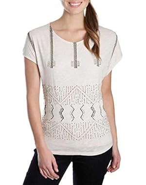 Womens Cotton Beaded Pullover Top Black-Ivory S