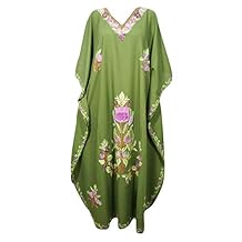 Mogul Interior Womens Caftan Maxi Dress Green Embroidered Kimono Kaftan One Size
