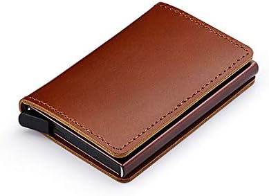 Leather Wallet Aluminium RFID Blocking Automatic Pop Up Credit Card Holders Slim Card Case for Men (Brown)