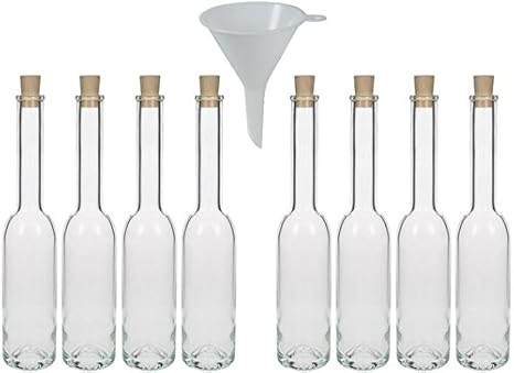 8 x Kleine Glasflasche 350 ml Ölflasche, Likörflasche mit Korken inkl. Einem Trichter 7 cm