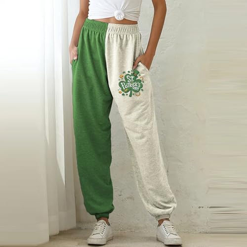 St Patricks Day Sweatpants Women Plus Size High Waisted Straight Leg Elastic Cuffed Irish Shamrock Sweats Green and White Pants Color Block Patchwork Saint Patricks Day Outfit