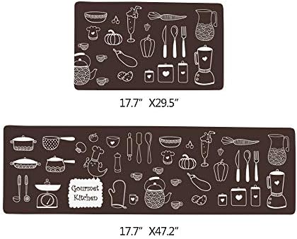 Anti-Slip Door Mat, Super Soft Kitchen Leather Carpet，Prevent Oil Stains Kitchen Mat Mildew Resistant, Anti-Slip, Fruit, Bread, Tableware Design, Easy Clean (18''x30''+18''x47'', Black)