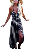 Angashion Women's Summer V Neck Stripe Spaghetti Straps Backless Split Irregular High Low Maxi Dress