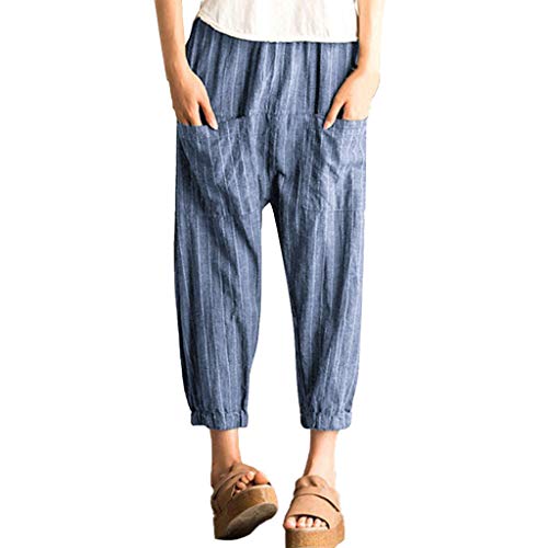 Botrong Women Striped High Waist Cotton and Linen Long Pants Casual Beach Trousers Blue