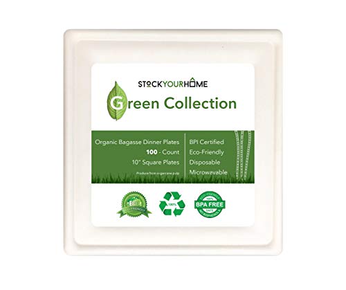 100 Pack of 10" Square Organic Bagasse Plates Ecofriendly Disposable Small Plates for Picnic, Party, Catering & Everyday Use - Stock Your Home