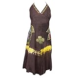 Womens Summer Dress Brown Embroidered Halter Neck Boho Beach Sundress