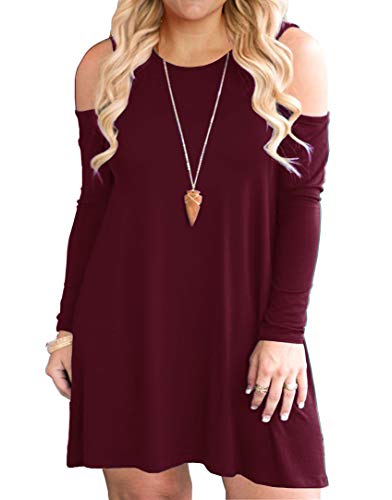 QIXING Women's Cold Shoulder Long Sleeve Plus Size Dress Casual T-Shirt Swing Dresses with Pockets, 02 Wine Red, XL