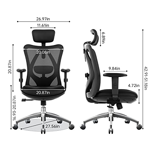 SIHOO M18 Ergonomic Office Chair for Big and Tall People Adjustable Headrest with 2D Armrest Lumbar Support and PU Wheels Swivel Tilt Function Black - Image 3