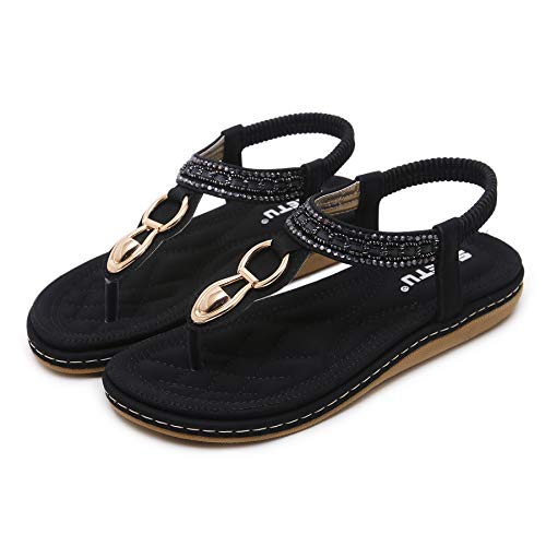 Women's Bohemian Summer Flat Thong Sandals, Black T-Strap Flip Flop Glitter Rhinestone Shiny Golden Metal Shoes for Dressy Casual Jeans Daily Wear and Beach Vacation, Homecoming Vintage Evening Party
