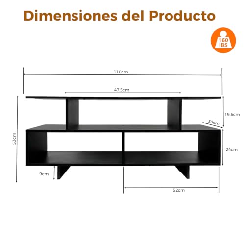 DNIDIO Mueble para TV Moderno, Mesa para TV con Consola de 3 Niveles,Centro de Entretenimiento para TV(110cm, Negro)