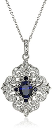 Platinum Plated Sterling Silver Oval Created Sapphire Vintage Style Filigree Swarovski Zirconia Accents Pendant Necklace, 18