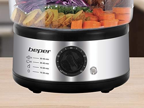 Beper - Cuiseur à Vapeur Multicombustion de 5L, Économiseur d'Espace, Minuterie de 60 minutes, Cuisson à la Vapeur Saine, Puissance 400-500W - Argent / Noir - Cuisine A Vivre Beper - Cuiseur à Vapeur Multicombustion de 5L, Économiseur d'Espace, Minuterie de 60 minutes, Cuisson à la Vapeur Saine, Puissance 400-500W - Argent / Noir
