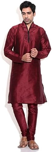 Kurta Men's Silk Blend Maroon Hineck Emboirdered Churidar
