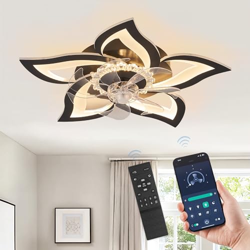 LEDIARY Flower Ceiling Fans with Lights, Small 27 Inch Modern Low Profile Ceiling Fan, Dimmable LED Ceiling Light Fixture, Flush Mount Ceiling Fans with Remote for Bedroom, Kitchen, Indoor-Black