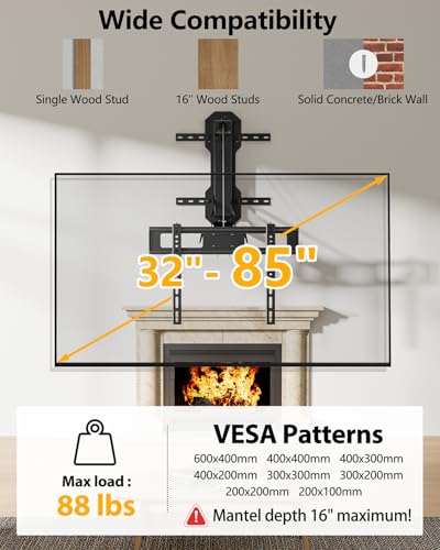 FORGING MOUNT Support TV Électrique au-Dessus de Cheminée avec Télécommande, Support Mural TV Motorisé pour Écrans Plats/Incurvés de 32-85 Pouces jusqu'à 40 kg, Pivotant Inclinable, Max VESA 600x400mm