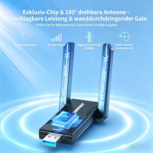 COMFAST WLAN Stick USB WLAN Adapter 5400 Mbit/s WiFi6 Tri-Band USB 3.0 WiFi Dongle with High-Gain Dual Antennas, OFDMA/MU-MIMO, WPA3, for Win10/11, Driverless, Quick Installation