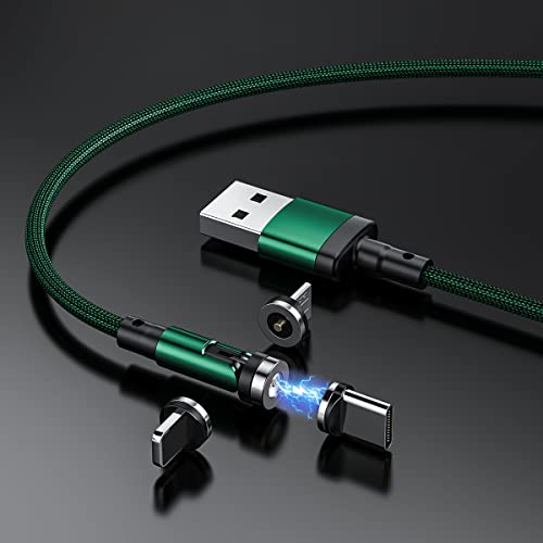 clenye Magnetic Charging Cable, 540° Rotation Magnetic Phone Charger with LED Light 3Pack (10FT/10FT/10FT) 3 in 1 Compatible with Micro USB, Type C and iProduct Device | Blackish Green Nylon-Braided