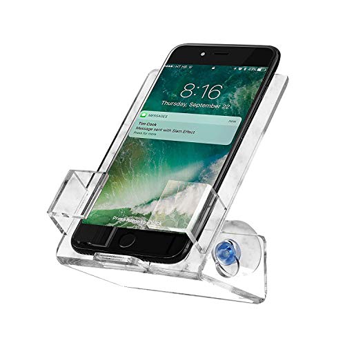 HOUSE UR HOME Updated Stronger Bathtub & Shower Cell Phone Case Stand Holder Caddy Tray Mount Two Powerful Strong Suction Cups Phones I Phone Galaxy. Clear Acrylic One Year Warranty