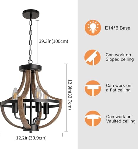 SEEBLEN Farmhouse Chandelier,Vintage 4-Light Hanging Pendant Light Height Adjustable,Rustic Metal Ceiling Light in Faux Wood Grain Color for Dining Room Kitchen Foyer Hallway Entryway Bedroom Closet.