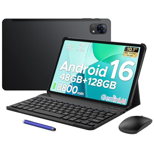 POPUX P10 Pro 10 Inch Tablet, Android 16 Tablet with 120Hz Display, 48GB+128GB/2TB, T7250 Octa-Core, 8800mAh, Widevine L1, Gemini AI, 13MP+5MP, Tablet with Keyboard, Stylus, Black