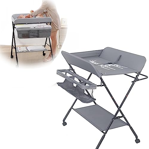 DMG TECH Portable Baby Changing Table, Waterproof Diaper Changing Table with Wheels, Adjustable Height Folding Diaper Station with Safety Belt, Large Storage Racks for Newborn Baby and Infant