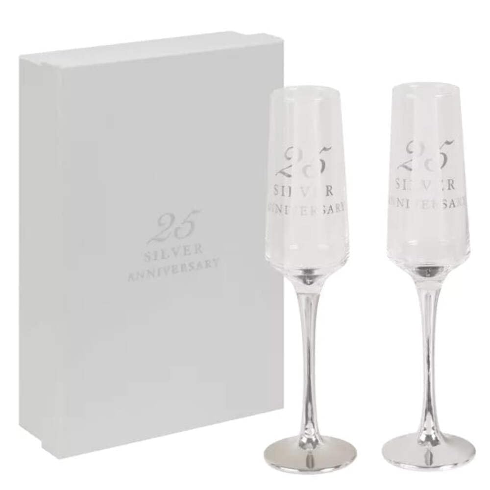 CC Personalised Amore Set of 2 Silver 25th Wedding Anniversary Straight Champagne Flutes with silver stems - Add Your Own Message (Personalised)