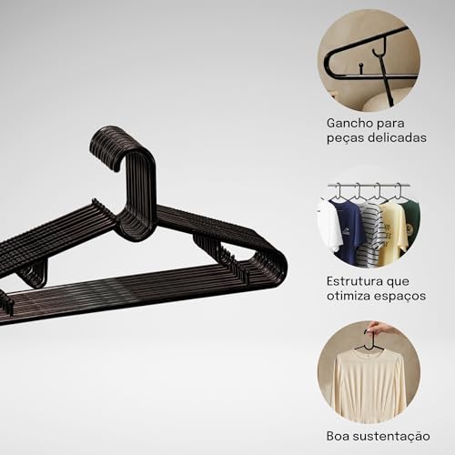 Kit 50 Cabides Plus Pretos Reforçados 46cm Duplo Gancho Para Duas Roupas Cabide Antiderrapante Para Camisas Blusas Vestidos Closet Guarda-roupa Organização Uso Doméstico E Comercial - Paramount Preto
