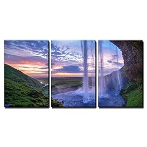 3 Piece Canvas Wall Art - Seljalandfoss Waterfall at Sunset, Iceland Horizontal Shot - Modern Home Art Stretched and Framed Ready to Hang - 16"x24"x3 Panels