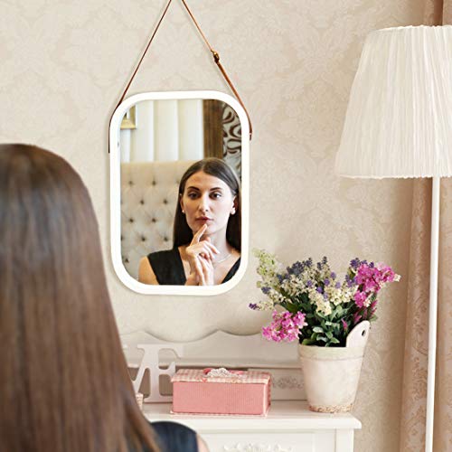 Bathroom Mirror Wall Mount - Bamboo Frame Adjustable Hanging Strap Rectangular Vanity Bedroom Dressing Mirror Hook Offered Home Decor (White, 15.95''x12.99''x0.59'')