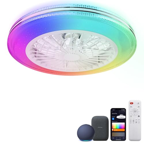WUTGHUI Ceiling Fan with Light and Remote Fandelier Caged Low Profile Smart Ceiling Fan Light 2700K-6500K, Flush Mount Fan Light with Remote/APP/Alexa Voice Control/Google Home