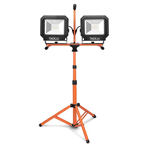 Tacklife 10000 Lumen Tripod LED Work Light with Two-Head Total 100W Work Lights, Metal Telescopic Tripod Stand, Rotating Waterproof Lamps and 16.5 Ft AC Power Cord