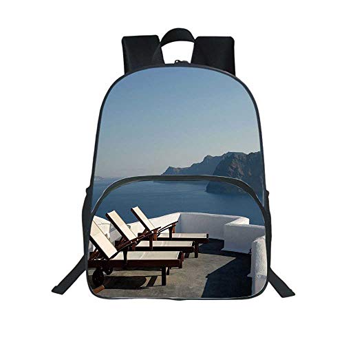 Travel Decor Multifunction School Bag,Sunlounger at Terrace in Santorini Greece Resort Relaxation Aegean for School Travel,One_Size - Thumbnail 3