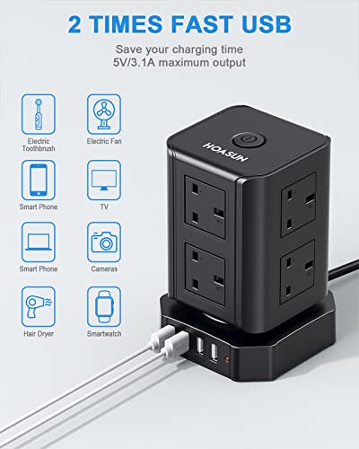 Tower Extension Lead with USB Slots, 10FT Extension Cords, Surge Protected Extension Lead with 8 AC Outlets & 4 USB Ports, USB Extension lead for Home, Office, Kitchen, Black, 3250W 13A