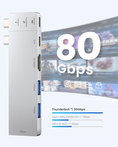 VENTION MacBook USB Adapter, 6-in-2 Mac Hub with Dual USB C, Removable Magnetic USB-C Connector, PD 140W / 8K @ 240Hz / 80Gbps Max, Compatible with All Laptops/iPads, Silver